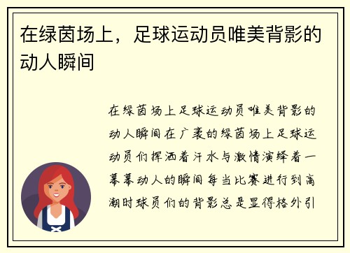 在绿茵场上，足球运动员唯美背影的动人瞬间